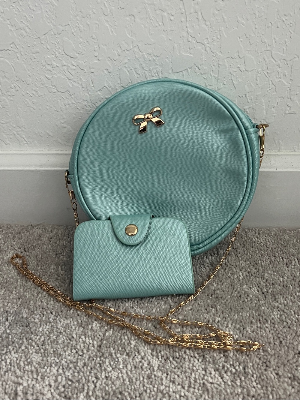 Aqua Round Crossbody Bag with Card Wallet - Gold Accents NWOT